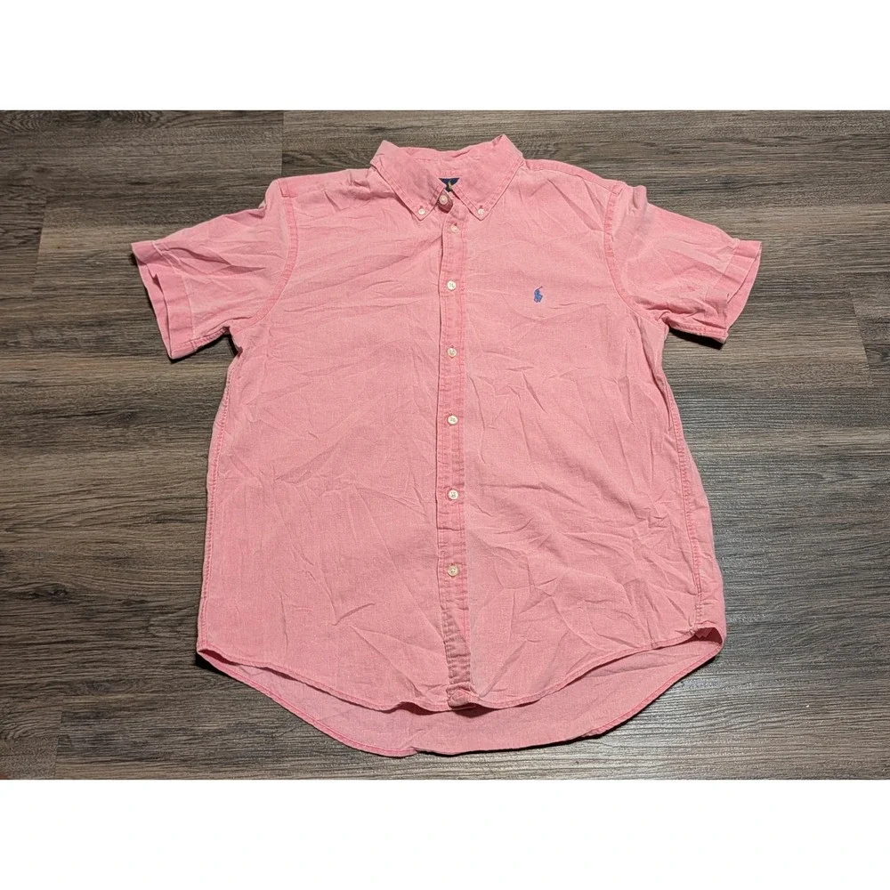 Ralph Lauren Boys XL 18-20 Pink Linen Cotton Short Sleeve Button Down Shirt